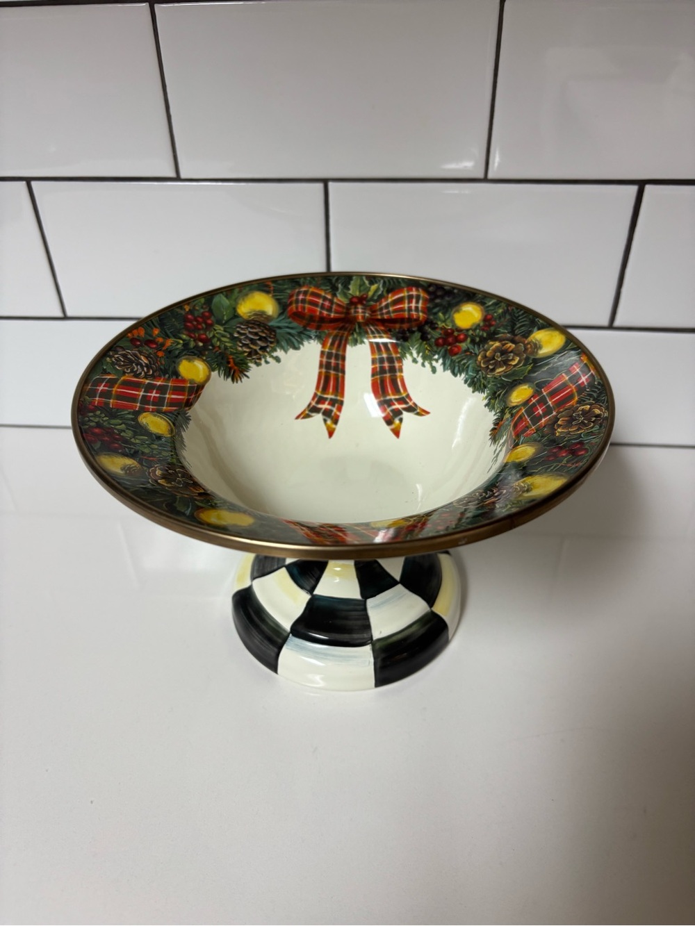 Mackenzie-Childs Check Evergreen Christmas Holiday Pedestal Centerpiece Sm Bowl